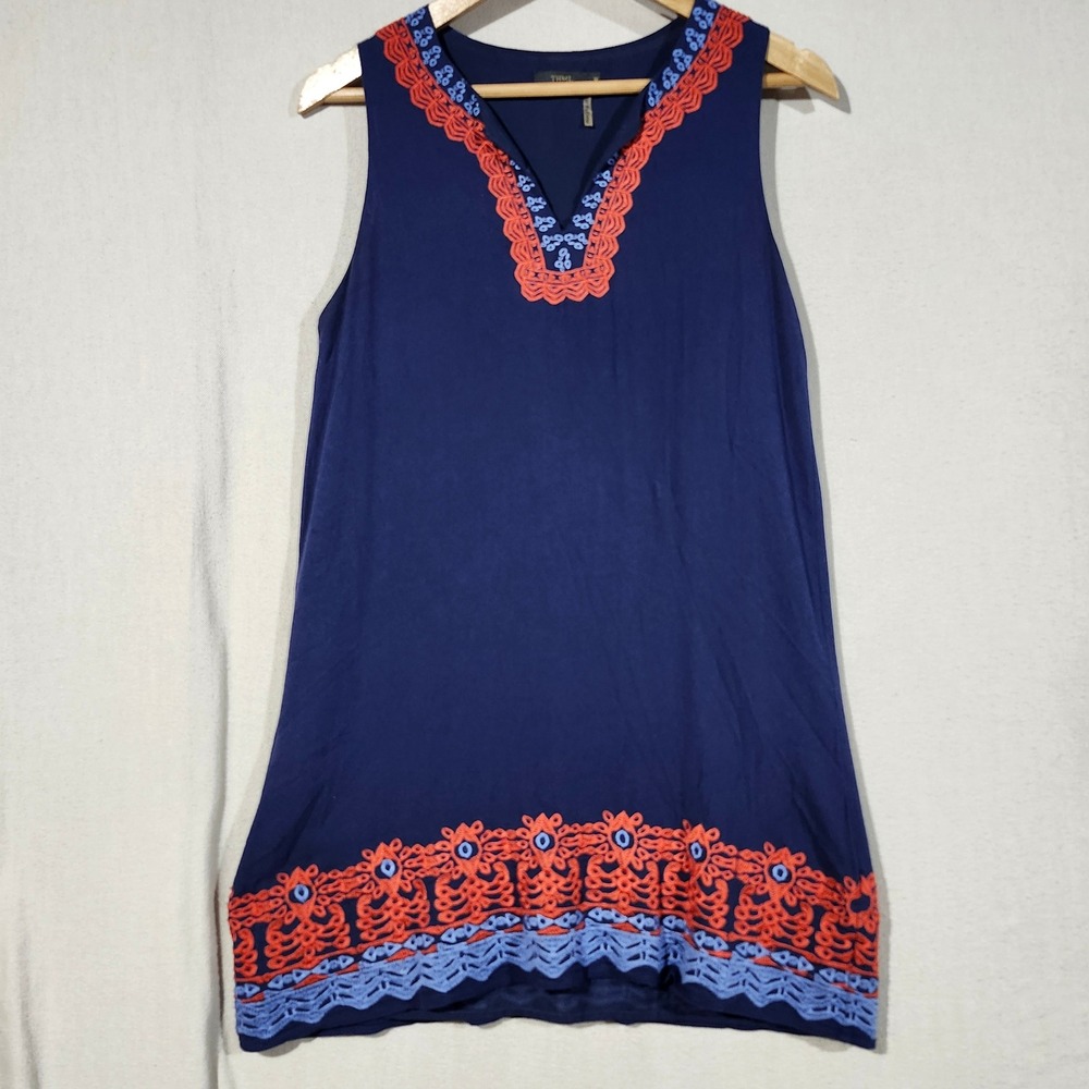 THML Womens Navy Blue Embroidered V-Neck Sleeveless Shift Mini Dress Size M